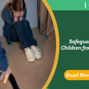 Child in emotional distress with implied threat in foreground; promotional banner highlights UK-based Safeguarding Children from Abuse training by IOMH.