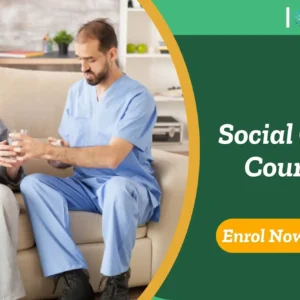Supportive interaction between social care worker and older adult in a residential setting; promotional banner highlights UK-based Social Care Course.
