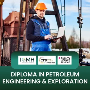 Diploma in Petroleum Engineering & Exploration training with professional in hard hat using laptop at oil pumpjack site.