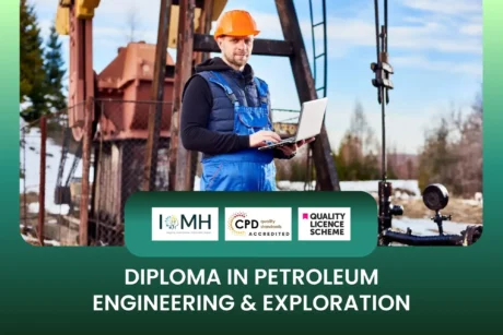 Diploma in Petroleum Engineering & Exploration training with professional in hard hat using laptop at oil pumpjack site.