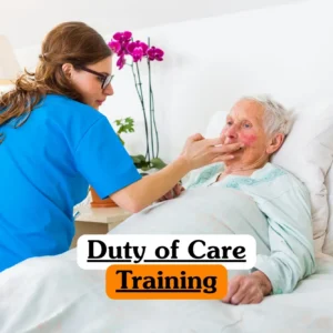 Duty of Care Training course banner with healthcare worker in blue uniform assisting elderly person in bed with eating or drinking in comfortable bedroom care facility with bedside table plant and lamp.