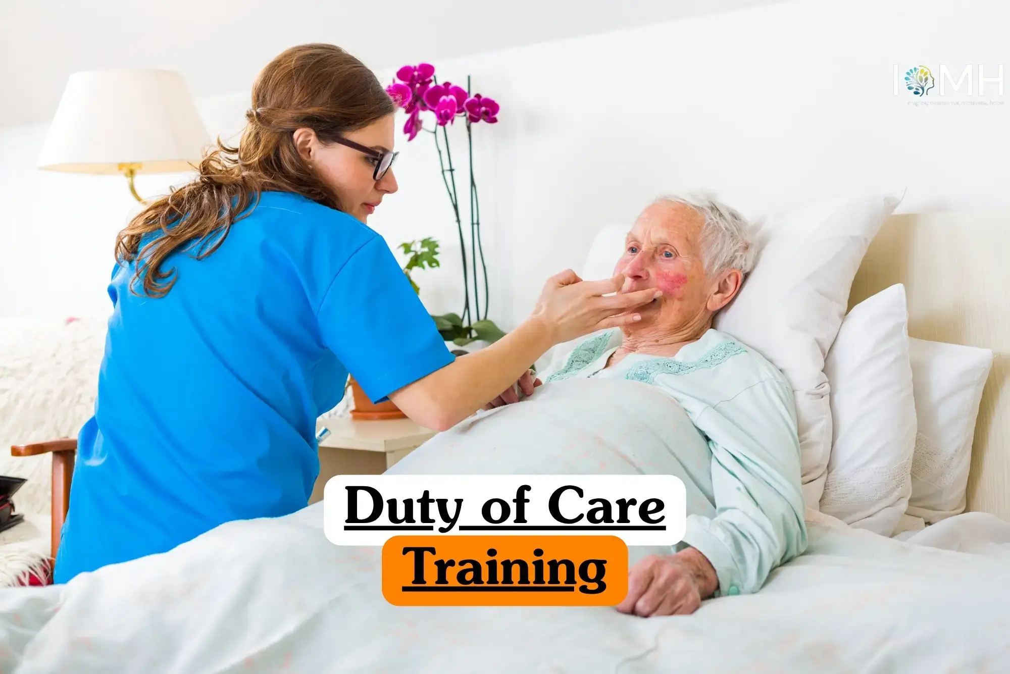 Duty of Care Training course banner with healthcare worker in blue uniform assisting elderly person in bed with eating or drinking in comfortable bedroom care facility with bedside table plant and lamp.