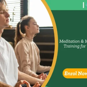 Teachers engage in meditation posture during mindfulness course; promotional banner highlights UK-based “Meditation & Mindfulness Training for Teachers” by IOMH.