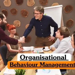 Organisational Behaviour Management course banner with professionals in meeting shaking hands and IOMH logo.