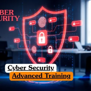Cyber Security Advanced Training course banner with glowing red shield padlock icons fingerprint binary code and professional at laptop.