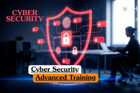 Cyber Security Advanced Training course banner with glowing red shield padlock icons fingerprint binary code and professional at laptop.