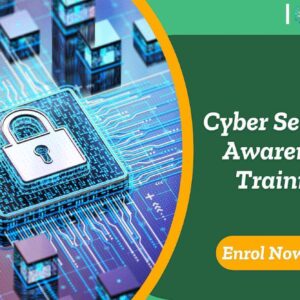 Cyber Security Awareness Training banner with digital padlock on microchip and glowing circuit board design promoting data protection and enrol now.