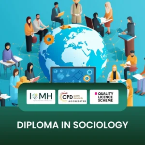 Diploma in Sociology training banner with diverse individuals studying around globe illustration symbolising global education and social systems.