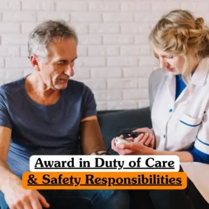 Award in Duty of Care and Safety Responsibilities course banner with healthcare professional in white coat with blue trim assisting older adult on couch checking blood pressure using digital monitor against white brick wall.