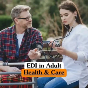 EDI in Adult Health and Care course banner with healthcare professional in white medical coat using stethoscope and blood pressure cuff to check adult patient in plaid shirt seated beside walker with blanket over legs outdoors near greenery and brick building.
