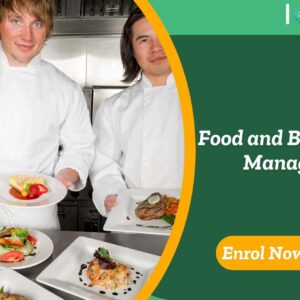 Chefs presenting gourmet dishes in commercial kitchen; banner promotes IOMH Food and Beverage Management course.
