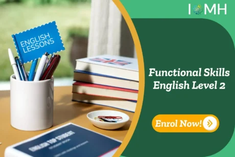 Desk with English learning materials; banner promotes Functional Skills English Level 2 course.