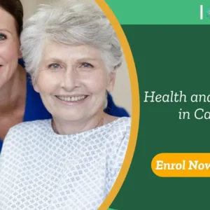 Care professional assists elderly patient in clinical setting; promotional banner highlights UK-based Health and Safety in Care training.
