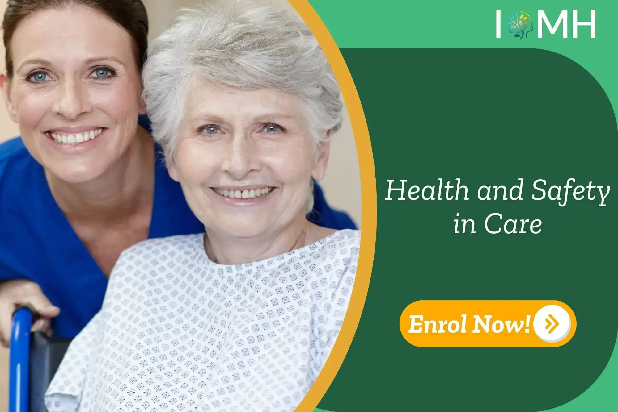 Care professional assists elderly patient in clinical setting; promotional banner highlights UK-based Health and Safety in Care training.