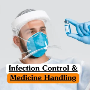 Theoretical healthcare and clinical safety training banner featuring a medical professional in a white lab coat preparing a liquid medication.