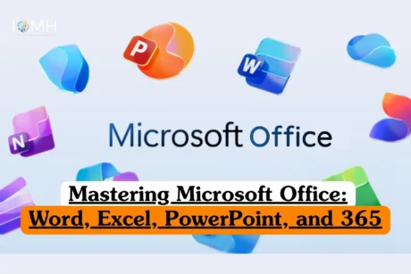 Mastering Microsoft Office training course banner with colorful Word Excel PowerPoint OneNote icons and modern Microsoft 365 logo.