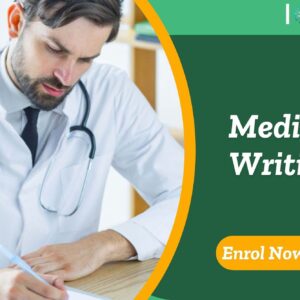 Medical Writing training banner with healthcare professional in lab coat and stethoscope writing notes.