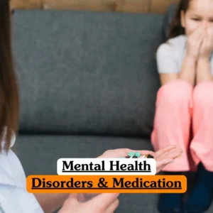 Mental Health Disorders and Medication course banner with healthcare professional in white coat and stethoscope holding pills while seated across from child in white shirt and pink pants on grey couch.