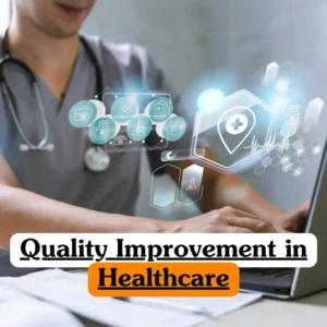 Quality Improvement in Healthcare course banner with medical professional using laptop and holographic healthcare icons including medical cross heartbeat microscope pill bottle and test tube.