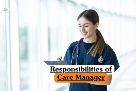 Responsibilities of Care Manager course banner with healthcare professional in scrubs holding clipboard and stethoscope in bright hospital hallway.