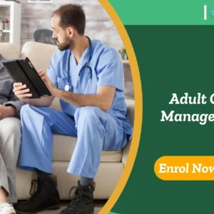 Healthcare worker discusses care plan with elderly woman in home setting; promotional banner highlights UK-based Adult Care Management training.