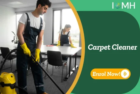 Professional cleaners in a modern office use carpet cleaning equipment and surface sanitising techniques.