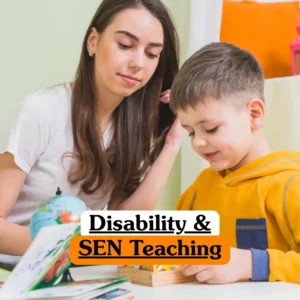 Disability and SEN Teaching course banner with teacher supporting child learning activity at table with books and globe.