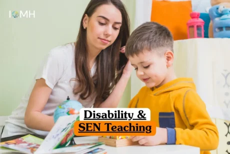 Disability and SEN Teaching course banner with teacher supporting child learning activity at table with books and globe.