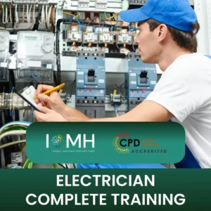 Trainee electrician inspecting electrical panel; banner promotes IOMH CPD-accredited Electrician Complete Training.