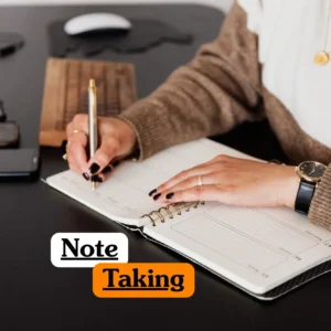 Theoretical information processing and administrative management training banner featuring a close-up perspective of a professional wearing a textured brown sweater and a gold necklace sitting at a dark sleek desk.