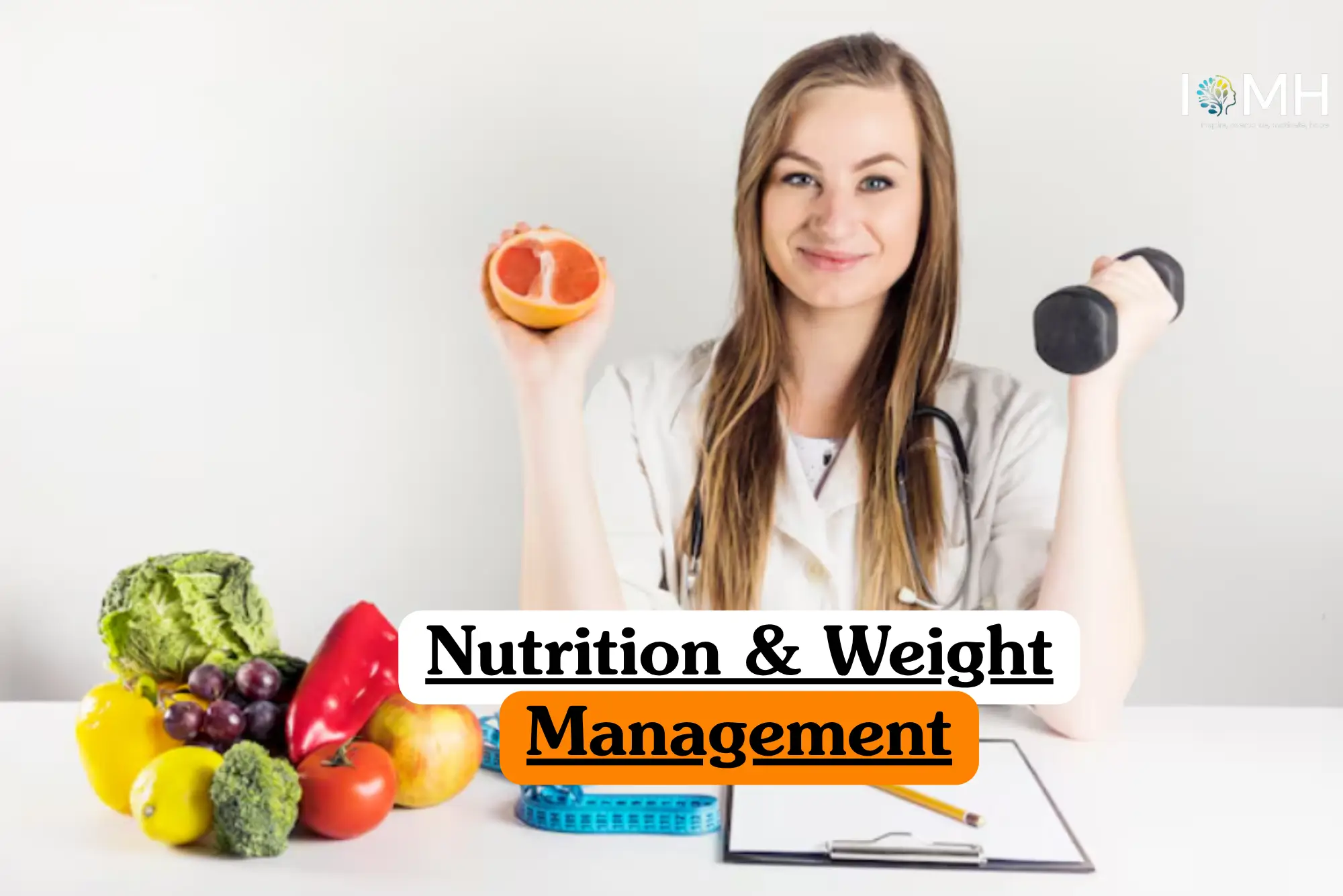 Theoretical health, fitness, and dietetics training banner featuring a slender woman measuring her waist with a soft, flexible measuring tape, set against a bright, clean background.