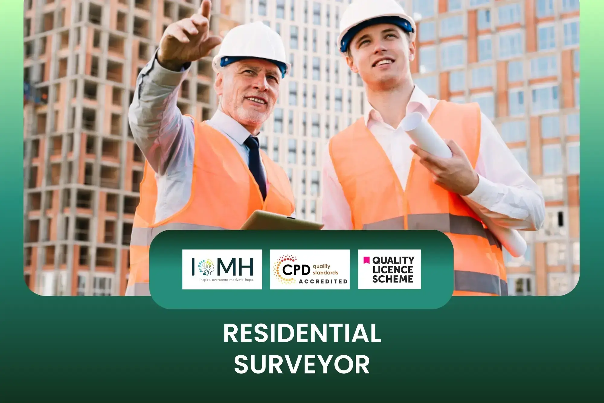 Residential Surveyor training with professionals in safety gear assessing high-rise construction site with blueprints.