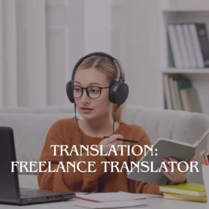 A young woman working as a translation - freelance translator, wearing headphones and jotting notes.