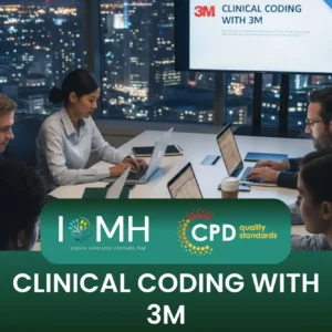 Team in night-time office meeting; banner promotes IOMH Clinical Coding with 3M course.