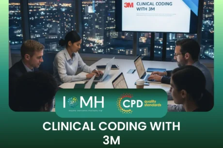 Team in night-time office meeting; banner promotes IOMH Clinical Coding with 3M course.