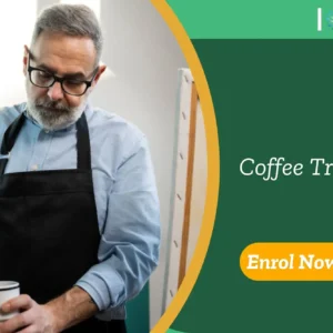 Experienced barista prepares coffee in a professional indoor setting; banner promotes Coffee Training course.