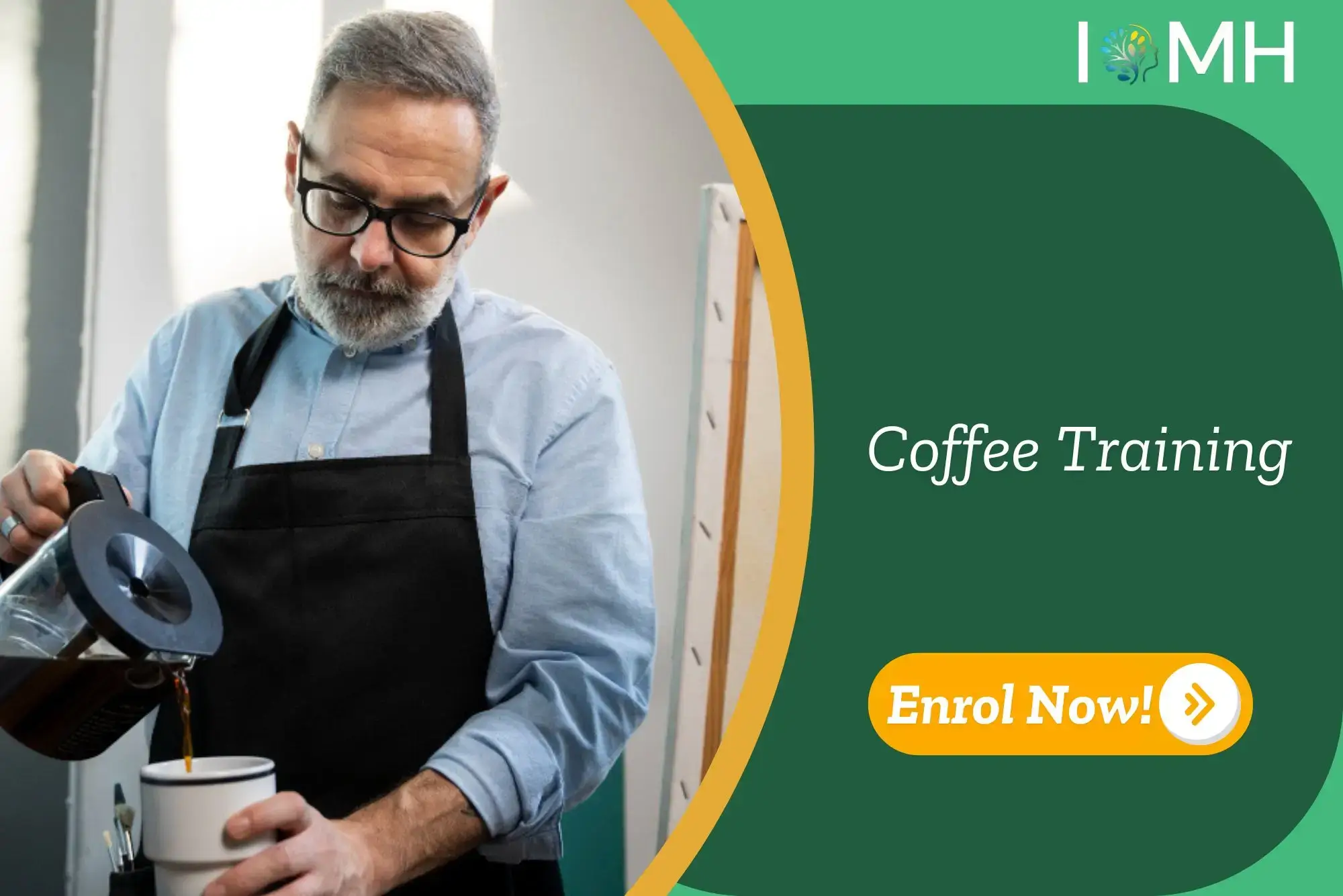 Experienced barista prepares coffee in a professional indoor setting; banner promotes Coffee Training course.