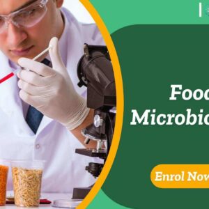 Technician examines agricultural grain samples in lab setting; promotional banner highlights UK-based “Food Microbiology” course by IOMH