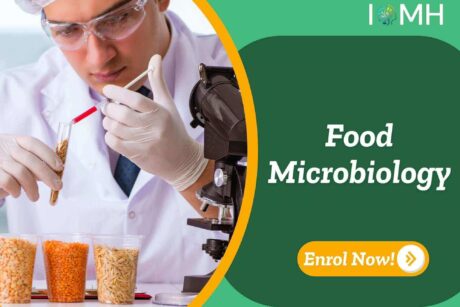 Technician examines agricultural grain samples in lab setting; promotional banner highlights UK-based “Food Microbiology” course by IOMH