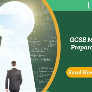 Person walks toward keyhole-shaped light surrounded by maths equations; banner promotes GCSE Maths Preparation course.