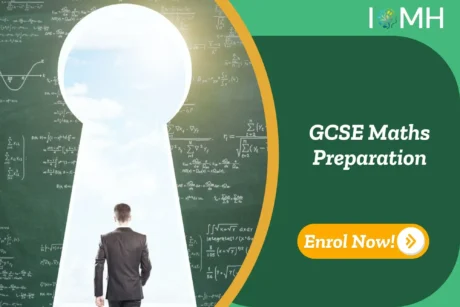 Person walks toward keyhole-shaped light surrounded by maths equations; banner promotes GCSE Maths Preparation course.