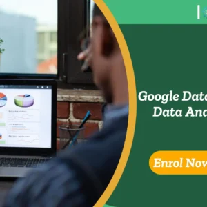 Person analyses charts on a laptop; banner promotes Google Data Studio: Data Analytics course.
