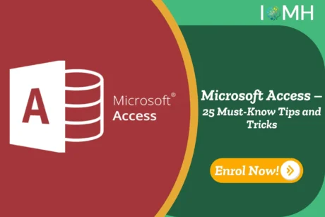 Course banner for Microsoft Access featuring 25 essential tips and tricks. Includes enrolment call-to-action and IOMH logo, targeting UK professionals seeking database skills.