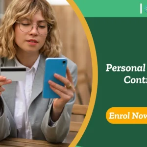 Professional woman reviews credit card and smartphone outdoors; promotional banner highlights UK-based Personal Credit Control training.