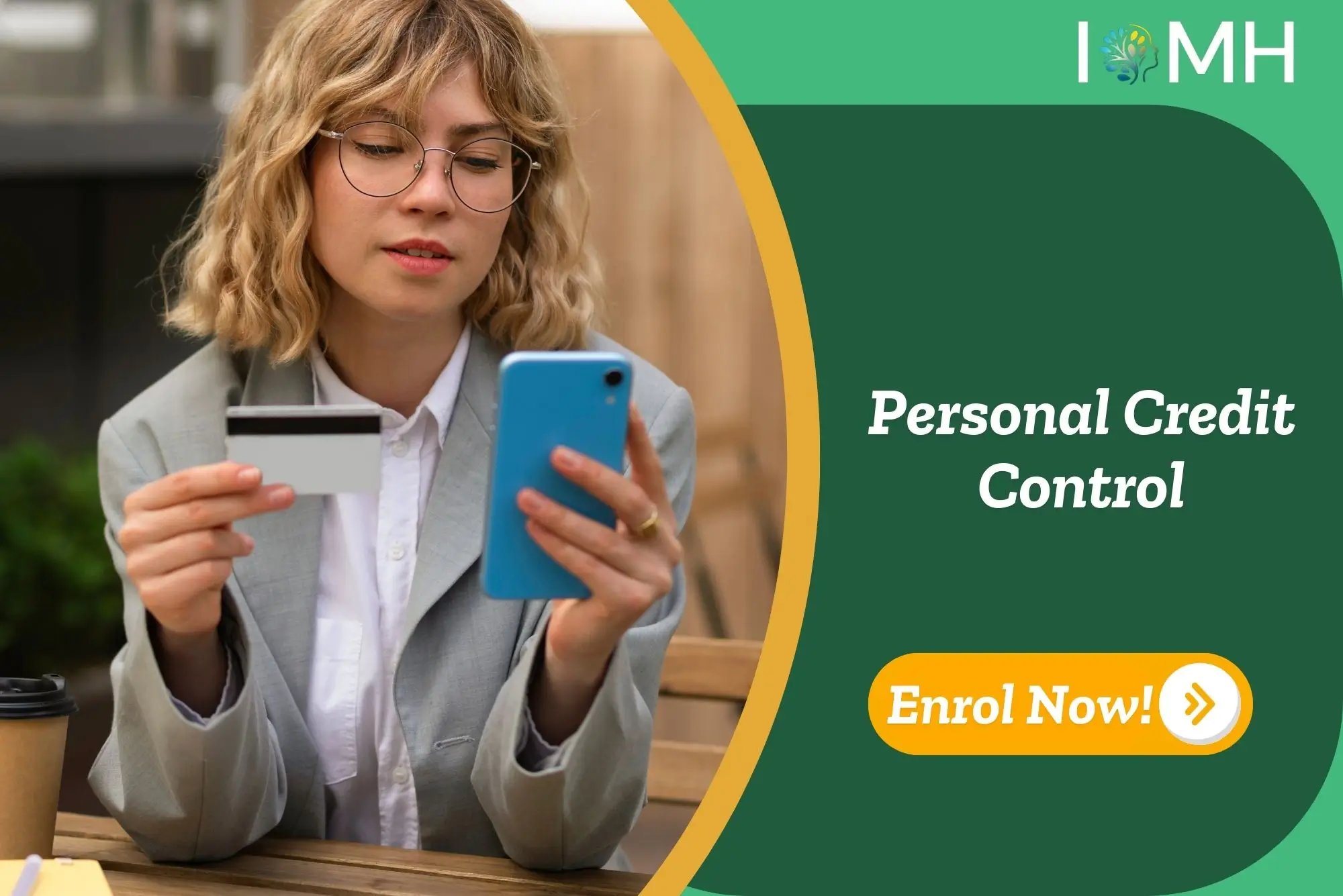 Professional woman reviews credit card and smartphone outdoors; promotional banner highlights UK-based Personal Credit Control training.