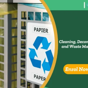 Visual promoting Cleaning, Decontamination and Waste Management training — featuring labelled recycling bins for plastic and paper, alongside banner highlighting workplace hygiene and waste segregation.