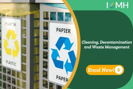 Visual promoting Cleaning, Decontamination and Waste Management training — featuring labelled recycling bins for plastic and paper, alongside banner highlighting workplace hygiene and waste segregation.