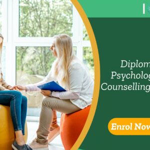 Therapist and client in counselling session featured beside IOMH’s promotional banner for UK-based Online Diploma in Psychology and Counselling.