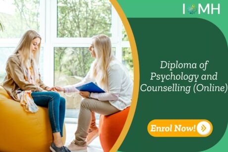 Therapist and client in counselling session featured beside IOMH’s promotional banner for UK-based Online Diploma in Psychology and Counselling.