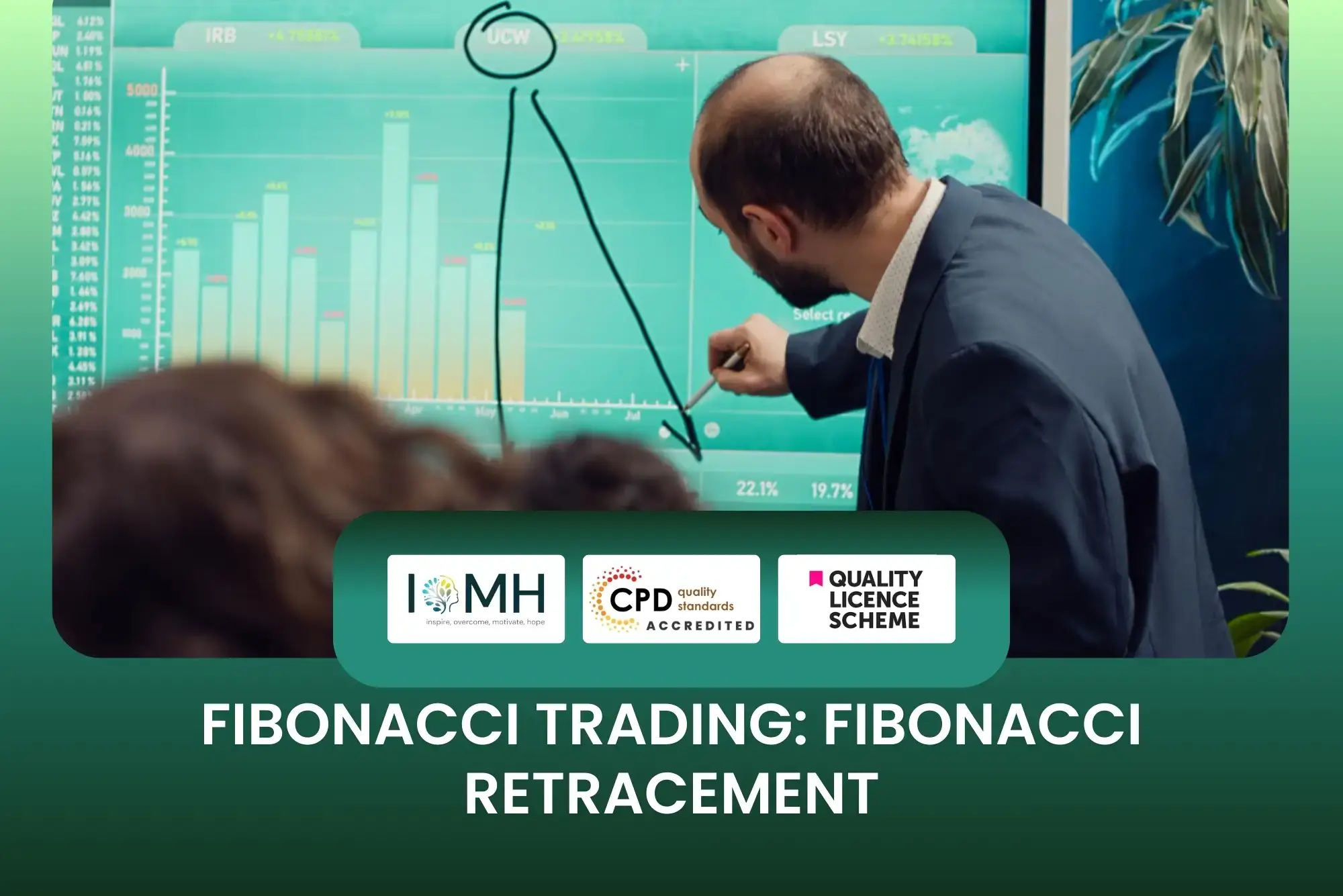 Fibonacci Trading Retracement training banner with suited professional pointing at digital financial chart showing bar graph, percentages, and CPD accreditation.